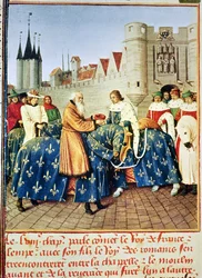 Ms Fr 6465 fol.444 Karl V. (1338-80) empfängt Kaiser Karl IV. (1316-78) am Porte du Temple in Paris, Januar 1378, aus 